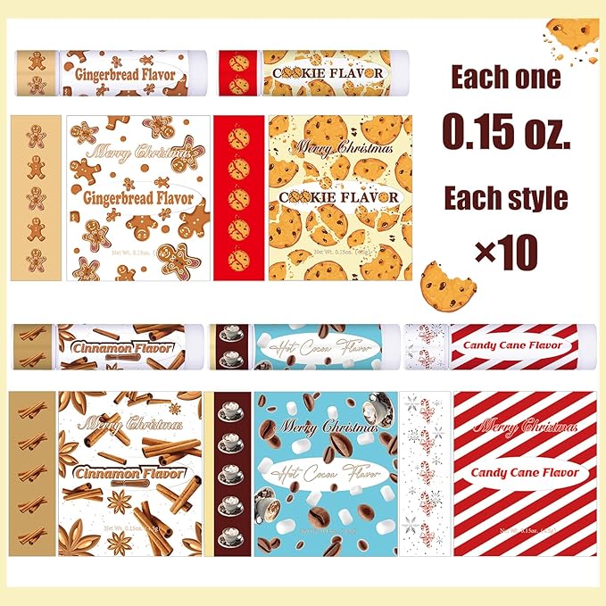 50 Pcs Christmas Lip Balms Gifts Bulk Cane Hot Cocoa Cookie Cinnamon Gingerbread 5 Assorted Flavor Holiday Party Treat Goodie Bags Stuffers Small Gifts for Friends Neighbors Colleagues-Velvo Beauty