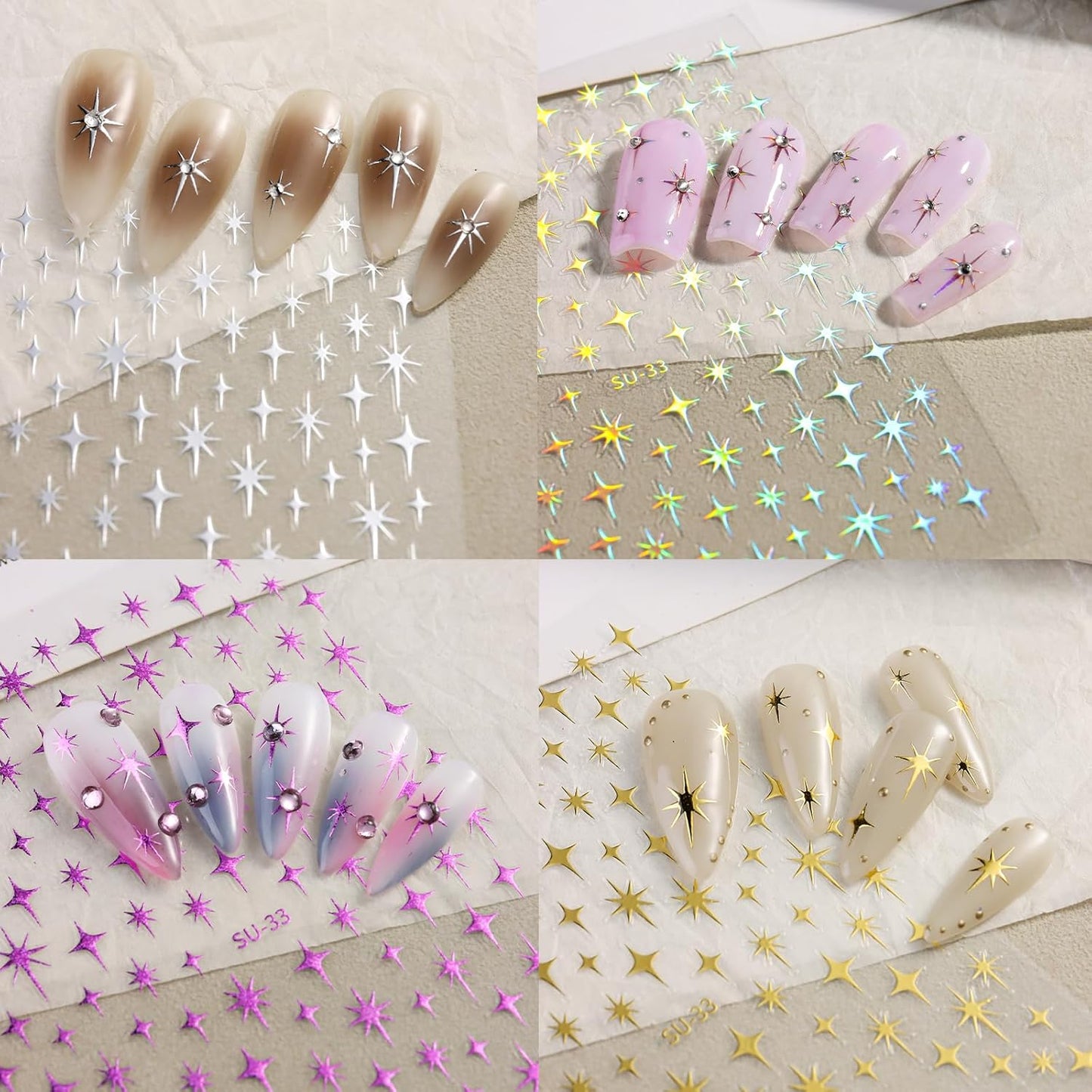8 Sheet Bronzing Star Nail Stickers 3D Shiny Star Nail Decals Starlight Designs Sticker Nail Gold and Silver Purple Manicure Accessories for Women Nail Decorations-Velvo Beauty
