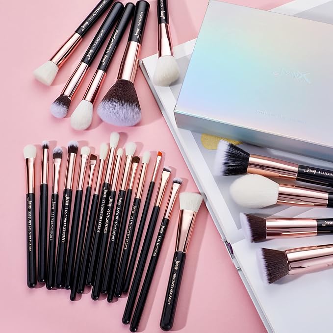 Jessup Brand 25pcs Professional Makeup Brush Set Beauty Cosmetic Foundation Powder Blusher Eyeshadow Blending Natural-Synthetic Hair Brushes Set (Black/Rose Gold)-Velvo Beauty