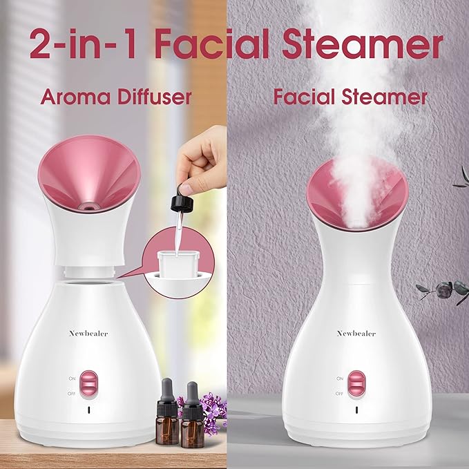 Newbealer 2in1 Facial Steamer, Hot Mist Facial Aromatherapy Humidifier Atomizer, Large Face Steamer Unclogs Pores Sinuses Moisturizing, Home Sauna Spa with Eyebrow Set (Red, 170ml)-Velvo Beauty