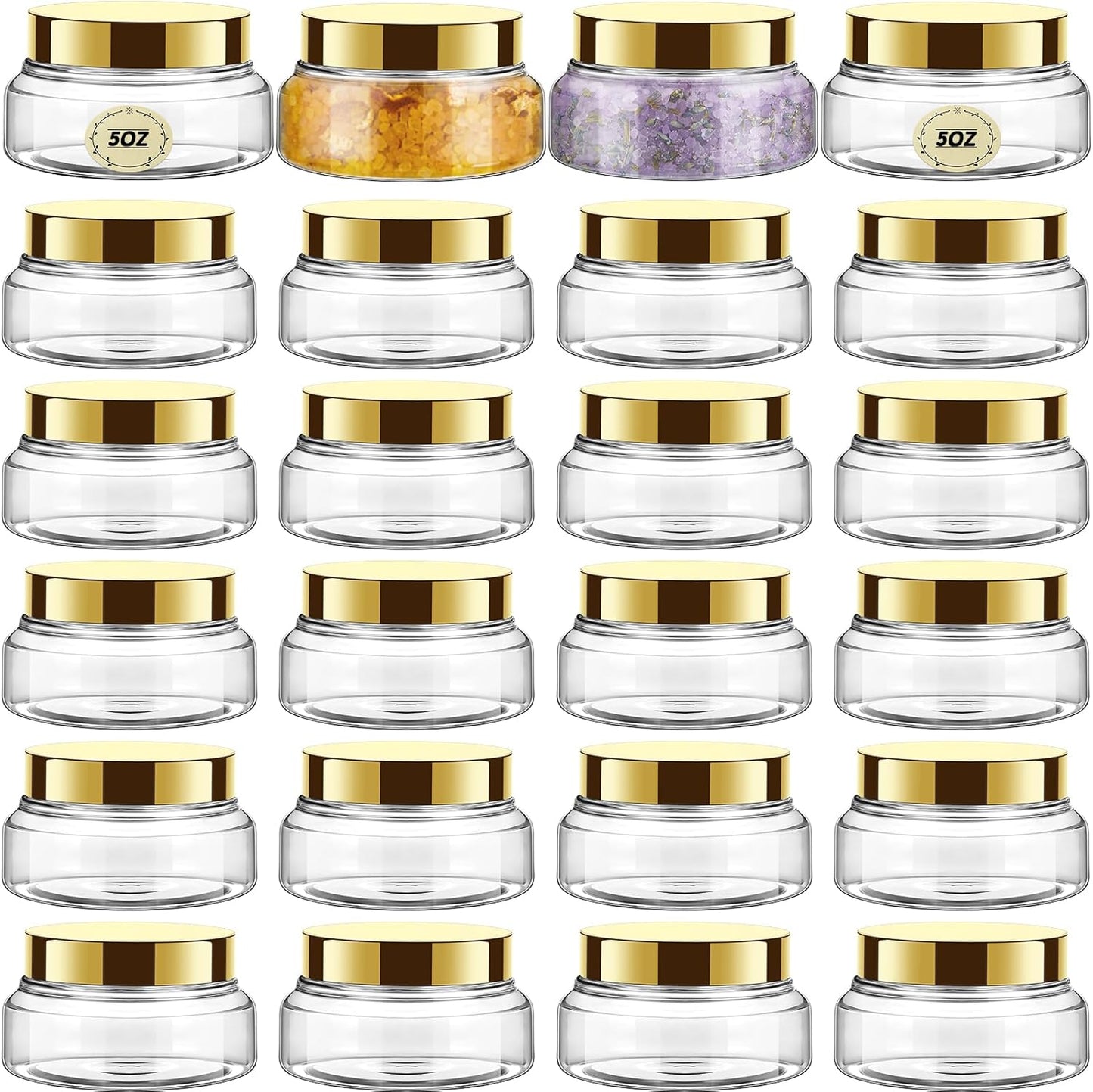 Tessco 24 Pack Plastic Jars with Lids Labels Empty Clear Plastic Jars Round Refillable Cosmetic Containers Body Butter Containers Bulk Sugar Scrub Bottle for Make Up(5 oz,Gold)-Velvo Beauty