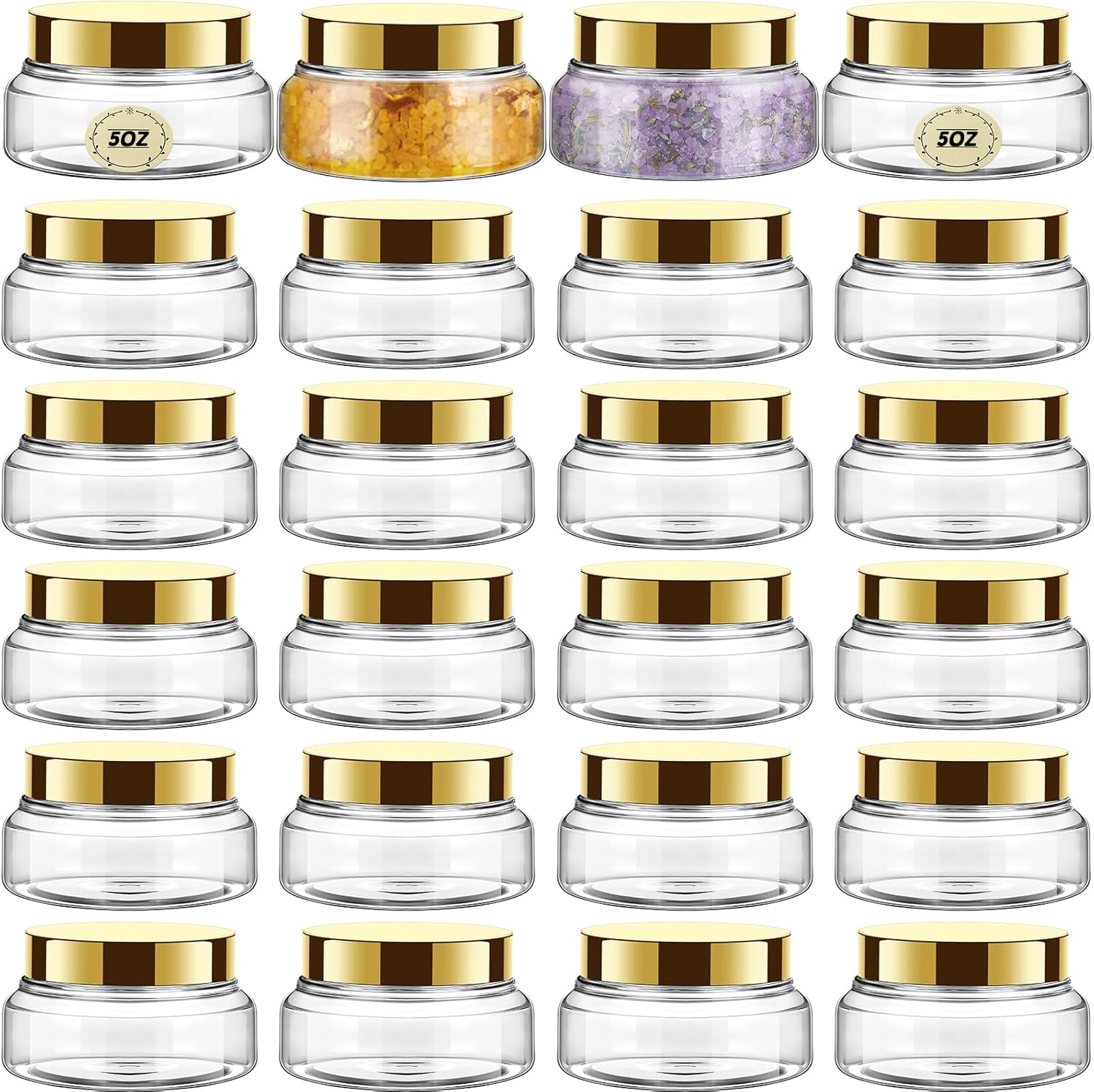 Tessco 24 Pack Plastic Jars with Lids Labels Empty Clear Plastic Jars Round Refillable Cosmetic Containers Body Butter Containers Bulk Sugar Scrub Bottle for Make Up(5 oz,Gold)-Velvo Beauty
