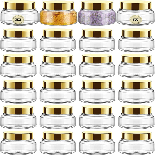 Tessco 24 Pack Plastic Jars with Lids Labels Empty Clear Plastic Jars Round Refillable Cosmetic Containers Body Butter Containers Bulk Sugar Scrub Bottle for Make Up(5 oz,Gold)-Velvo Beauty