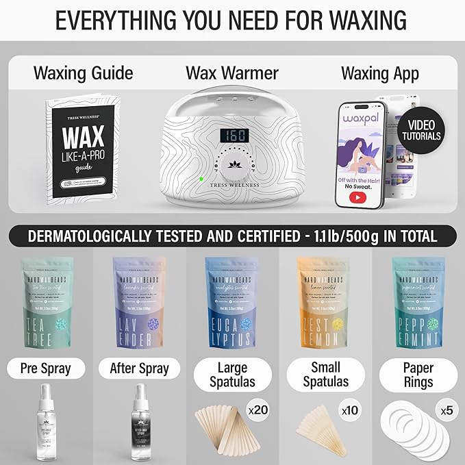 Tress Wellness Waxing Kit for Sensitive Skin – Safe for Face & Skin, Prep & Aftercare Spray, Easy to Use – At-Home Kit for Face, Bikini, Brazilian & Full Body, Black & White-Velvo Beauty