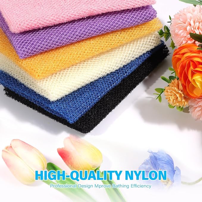 UJFQBH 6 Pieces African Bath Sponge African Net Long Net Bath Sponge Exfoliating Shower Body Scrubber Back Scrubber Skin Smoother,Great for Daily Use (Pink, Yellow, Purple, Blue, Black, Off-White)-Velvo Beauty