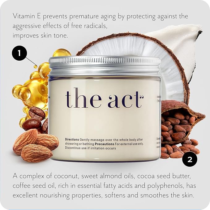 THE ACT Solid Coconut Body Butter – Organic Vegan Moisturizer with Shea & Almond Oils – Melts in Hands – Massage Balm for Dry Skin – Natural Skincare for Women & Men – 6 oz with Spatula-Velvo Beauty