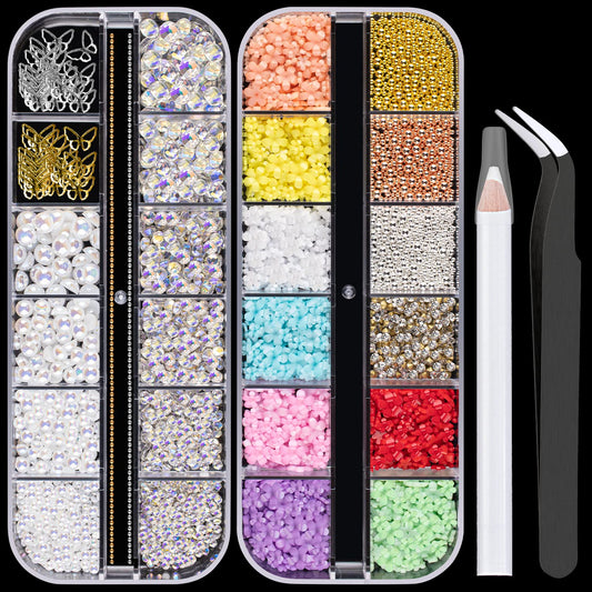 Mixed 3D Nail Art Gem Decoration Accessories Kit #10, Butterfly Starry AB Rhinestone Charm Jewelry for Deco, Pearl Flower Caviar Bead Stone Crystal with Pickup Pencil and Tweezer-Velvo Beauty
