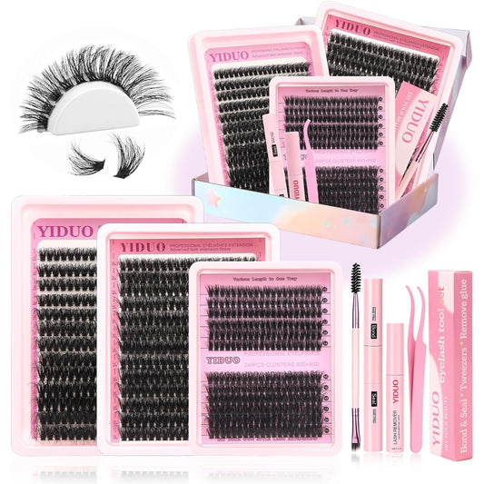 Lashes Clusters Kit Gift Packs 3 Styles 760Pcs with 2X Bond&Seal Volume Soft False Eyelash Extension 80D+100D D Curl Wispy Natural DIY Individual Fake Eyelashes Box for Beginners Bulk Pack-Velvo Beauty