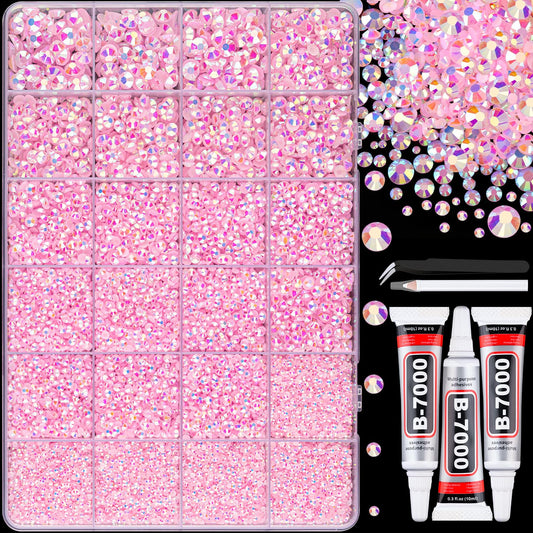30000Pcs Resin Jelly Rhinestones with Tweezers for Crafting, Light Pink AB Flatback Gems, Bedazzling Crystal with 3Pcs 10ml B7000 Jewelry Glue for DIY Crafts Clothing Tumblers Shoes Fabric Nail Art-Velvo Beauty