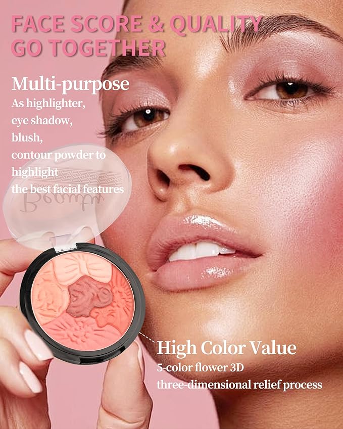 Flower Blush for Cheeks, Matte Shimmer Face Blush Powder,Contour Multiuse Facial Make up Palette,Longlasting Waterproof Embossed Blusher,Mother's Day Makeup Gift for Women-02#Camellia Orange-Velvo Beauty