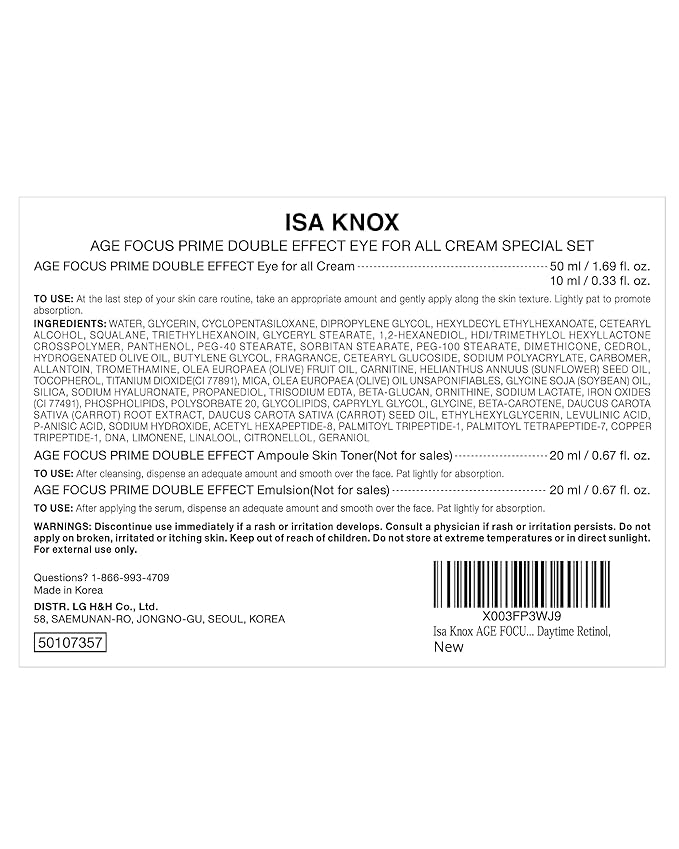 Isa Knox AGE FOCUS Prime Double Effect Eye For All Cream Set (3.4fl oz) - Korean Skincare Set, Lightweight Rich Eye Cream, Toner, Emulsion with Daytime Retinol,-Velvo Beauty