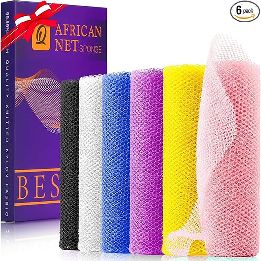 UJFQBH 6 Pieces African Bath Sponge African Net Long Net Bath Sponge Exfoliating Shower Body Scrubber Back Scrubber Skin Smoother,Great for Daily Use (Pink, Yellow, Purple, Blue, Black, Off-White)-Velvo Beauty