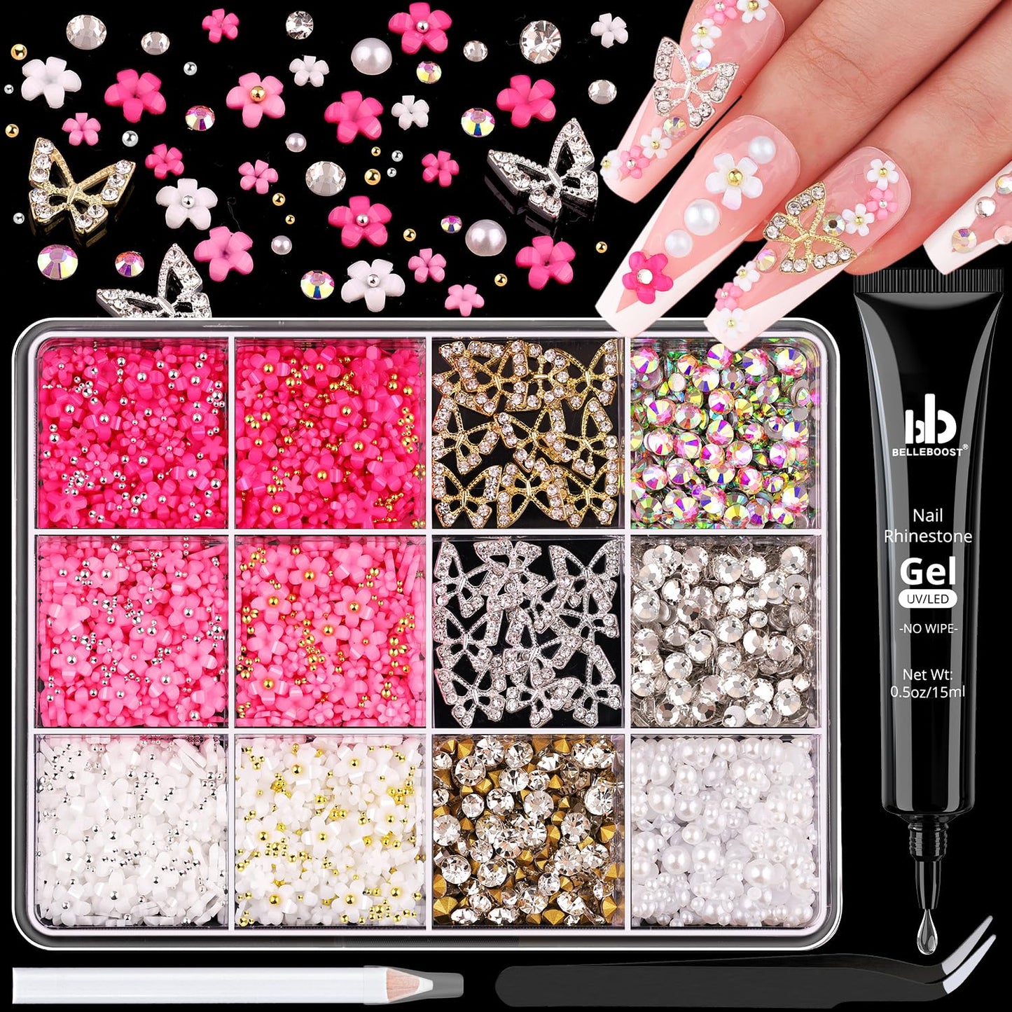 3D Nail Charms and Gems Set 2 with Rhinestone Glue, 20PCS Gold and Silver Chunky Butterfly Nail Charms, 3D Flowers for Nails, Flatback Crystals and Pearls + Diamonds + Picker Tool for Y2K Nail Decor-Velvo Beauty