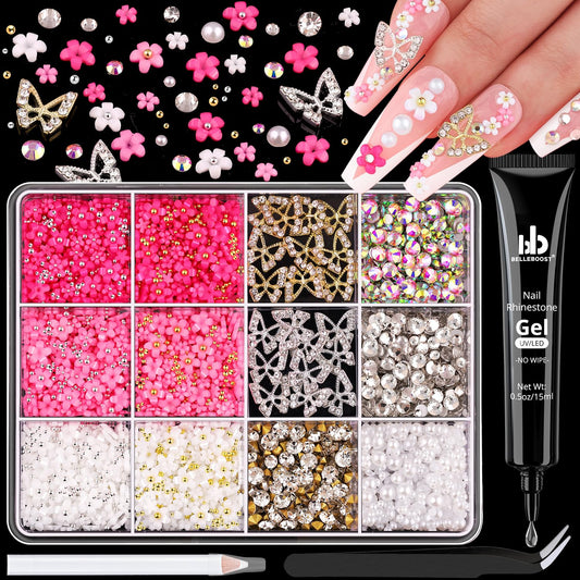 3D Nail Charms and Gems Set 2 with Rhinestone Glue, 20PCS Gold and Silver Chunky Butterfly Nail Charms, 3D Flowers for Nails, Flatback Crystals and Pearls + Diamonds + Picker Tool for Y2K Nail Decor-Velvo Beauty