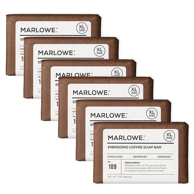 MARLOWE. No. 109 Coffee Bar Soap 7 oz (6 Bars) – Exfoliating Body Scrub for Men with Natural Extracts, Caffeine, Coffee Bean & Cocoa Butter – Energizing Fresh Brewed Scent-Velvo Beauty