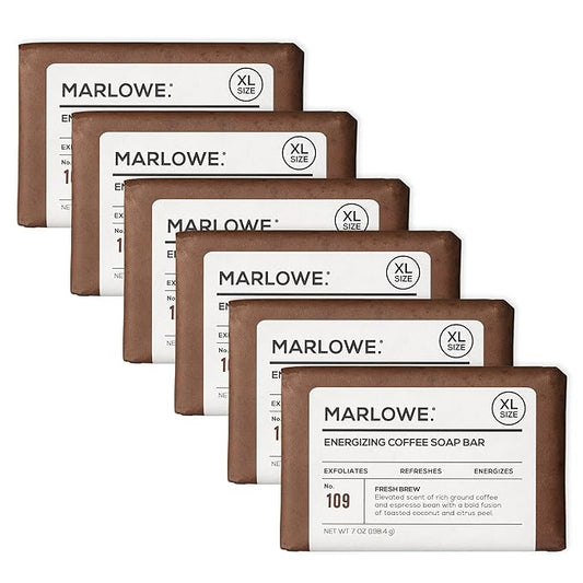 MARLOWE. No. 109 Coffee Bar Soap 7 oz (6 Bars) – Exfoliating Body Scrub for Men with Natural Extracts, Caffeine, Coffee Bean & Cocoa Butter – Energizing Fresh Brewed Scent-Velvo Beauty