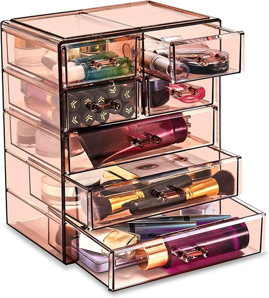 Sorbus Acrylic Makeup Organizer - Organization and Storage Case for Cosmetics Make Up & Jewelry - Big Clear Makeup Organizer for Vanity, Bathroom, College Dorm, Closet, Desk (3 Large, 4 Small Drawers)-Velvo Beauty