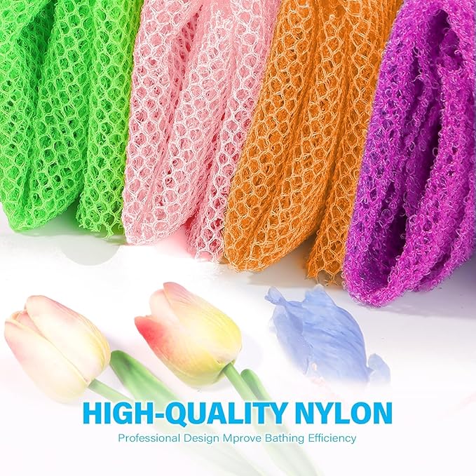 UJFQBH 4 Pieces African Net Sponge African Net Long Net Bath Sponge Exfoliating Shower Body Scrubber Back Scrubber Skin Smoother,Great for Daily Use (Purple, Orange, Green, Pink)-Velvo Beauty