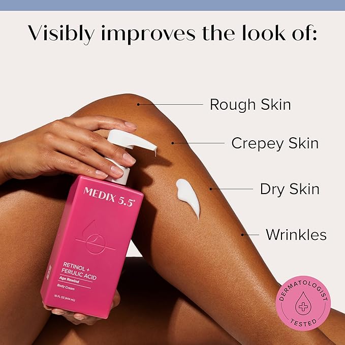Medix 5.5 Retinol Body Lotion Firming Moisturizer | Crepey Skincare Treatment | Retinol Body Cream | Anti Aging Firming Cream For Women Targets Look Of Crepe Skin, Wrinkles, & Sagging Skin, 15 Fl Oz-Velvo Beauty