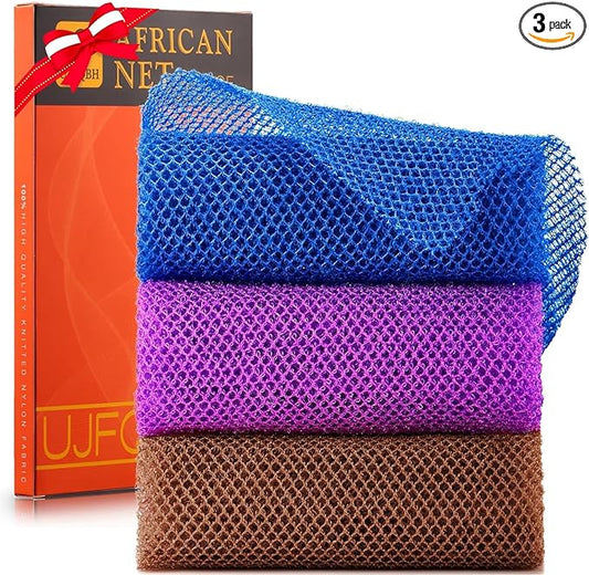 UJFQBH 3 Pieces African Bath Sponge African Net Long Net Bath Sponge Exfoliating Shower Body Scrubber Back Scrubber Skin Smoother,Great for Daily Use (Brown, Blue, Purple)-Velvo Beauty