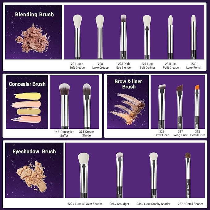 Jessup Eye Makeup Brushes Set Professional 15pcs with Eyeshadow Blending Concealer Eyebrow Eyliner Brush (Pearl Black/Silver)-Velvo Beauty
