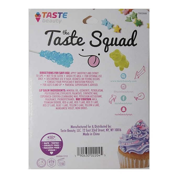 Taste Beauty (1) Pack The Taste Squad Flavored Lip Balm Set - 5 Flavored Lip Balm Tubes per Pack - Birthday Cake, Cotton Candy, Gummy Bears, Cupcake, Cereal Milk - 0.12 oz Each-Velvo Beauty