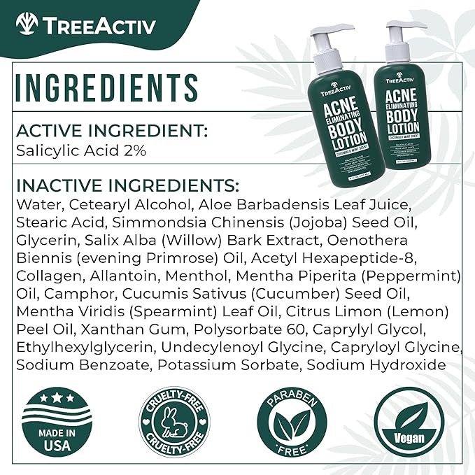 TreeActiv Acne Eliminating Body Lotion 8 fl oz | Clears Body, Back, Butt and Shoulder Acne | Anti-Acne Moisturizer | Prevents Future Breakouts | Cucumber Mint Scent-Velvo Beauty