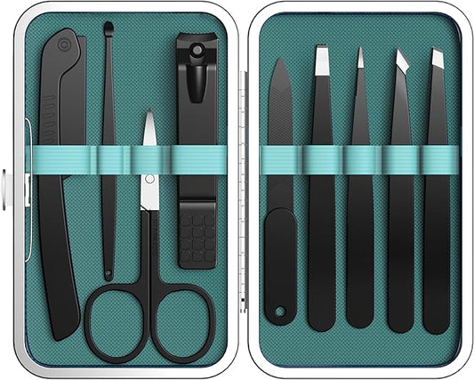 Yougai 9 Pcs Tweezers and Nail Clippers Kit for Facial Hair Women with Travel Case, Professional Stainless Steel Eyebrow Tweezers Kit Great Precision Tweezers for Daily Beauty Tool-Velvo Beauty