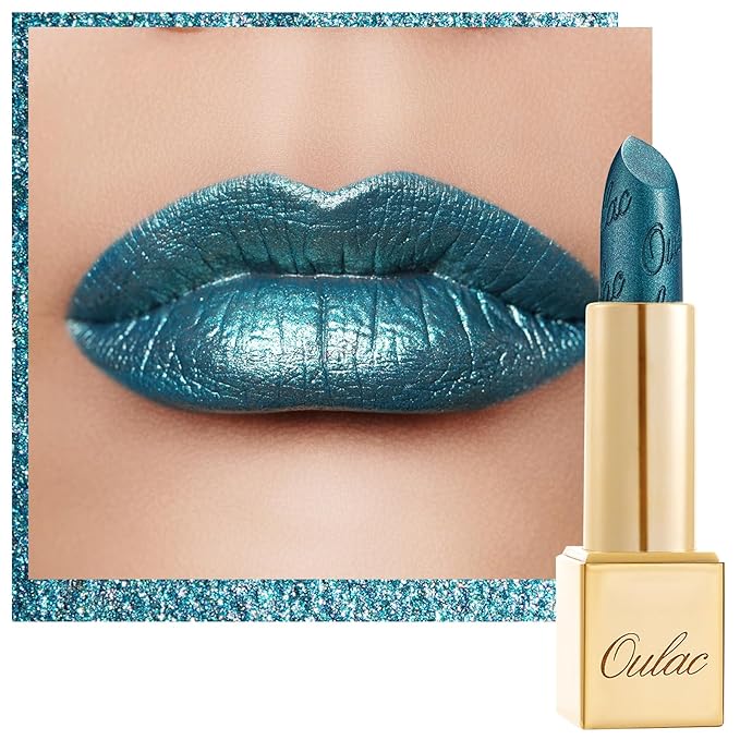 Oulac Metallic Green Lipstick for Women with Metallic 3D Shine, Lightweight Hydrating Formula, High-Impact Lip Color, Vegan Beauty, Full Coverage Lip Makeup, Turquoise (20)-Velvo Beauty
