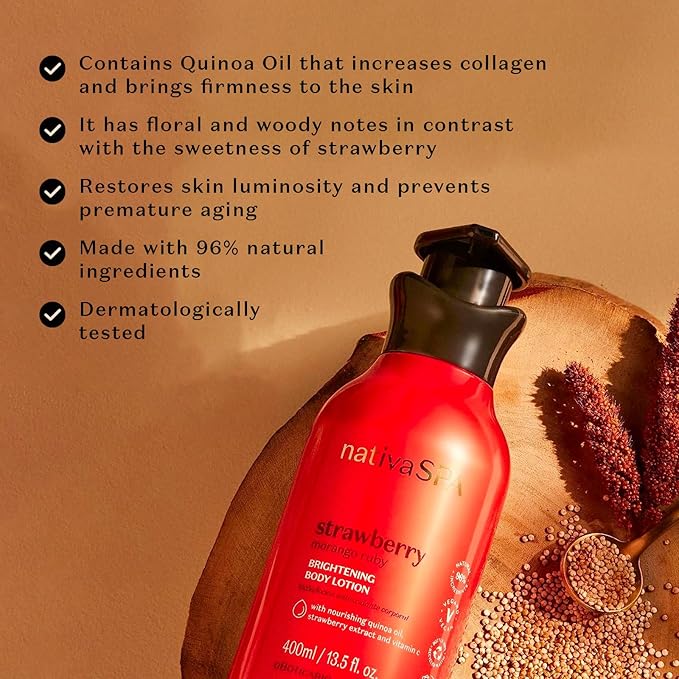 Nativa SPA by O Boticário, Ruby Strawberry Antioxidant Body Lotion, Brightening Vitamin C and Nourishment for Radiant Skin, 13.5 Ounce-Velvo Beauty