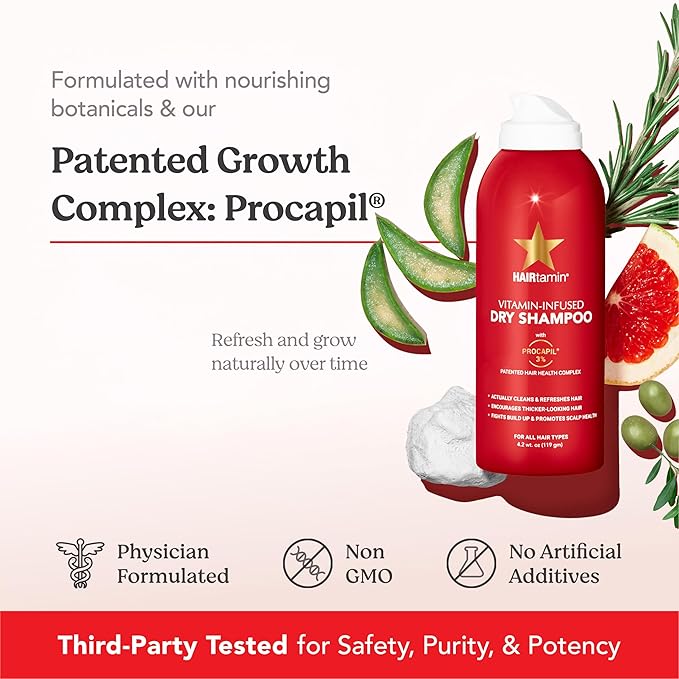 HAIRtamin Vitamin Infused Dry Shampoo for Women | Hair Texture Spray that Cleanses & Refreshes | Hair Complex for Healthy Thicker-Looking Hair | Procapil 3% & Vitamins for Scalp Health | Talc Free-Velvo Beauty