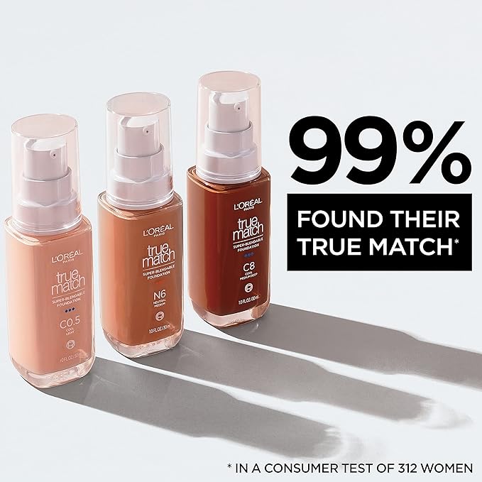 L'Oreal Paris True Match Super-Blendable Foundation, Medium Coverage Liquid Foundation Makeup, N6.5, Medium Deep, 1 Fl Oz-Velvo Beauty