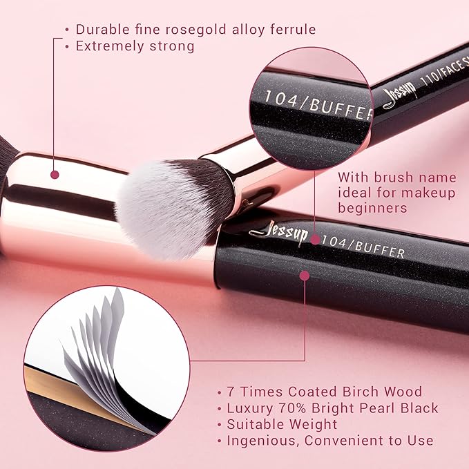 Jessup Makeup Brushes, Labeled Makeup Brush Set Premium Synthetic and Natural Hair Foundation Powder Concealer Eyeshadow Blending 15pcs Brush Kit, Rose Gold/Black T160-Velvo Beauty