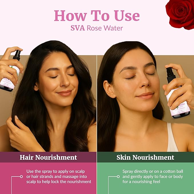 SVA ORGANICS Rose Water 4oz (118 ml) Refreshing Rose Water Spray for Skin Care, Skin Hydration, Bath, Soaps, Haircare & Aromatherapy-Velvo Beauty