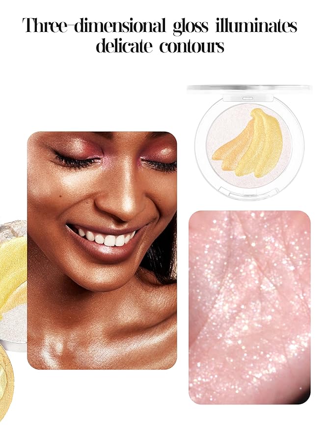 Cream Highlighter Compact, Highly Pigmented Glitter Powder Makeup, Face Highlighters & Luminizers Makeup Palette, Body Cheek Gold Pink Metallic Sparkle Glitter Shimmer Bronzer (#04 Banana)-Velvo Beauty