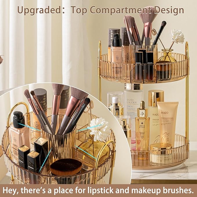 Rotating Makeup Organizer for Vanity, High-Capacity Skincare Clear Make Up Storage Perfume Organizers Cosmetic Dresser Organizer Countertop 360 Spinning (Gold, New-2 Tier)-Velvo Beauty