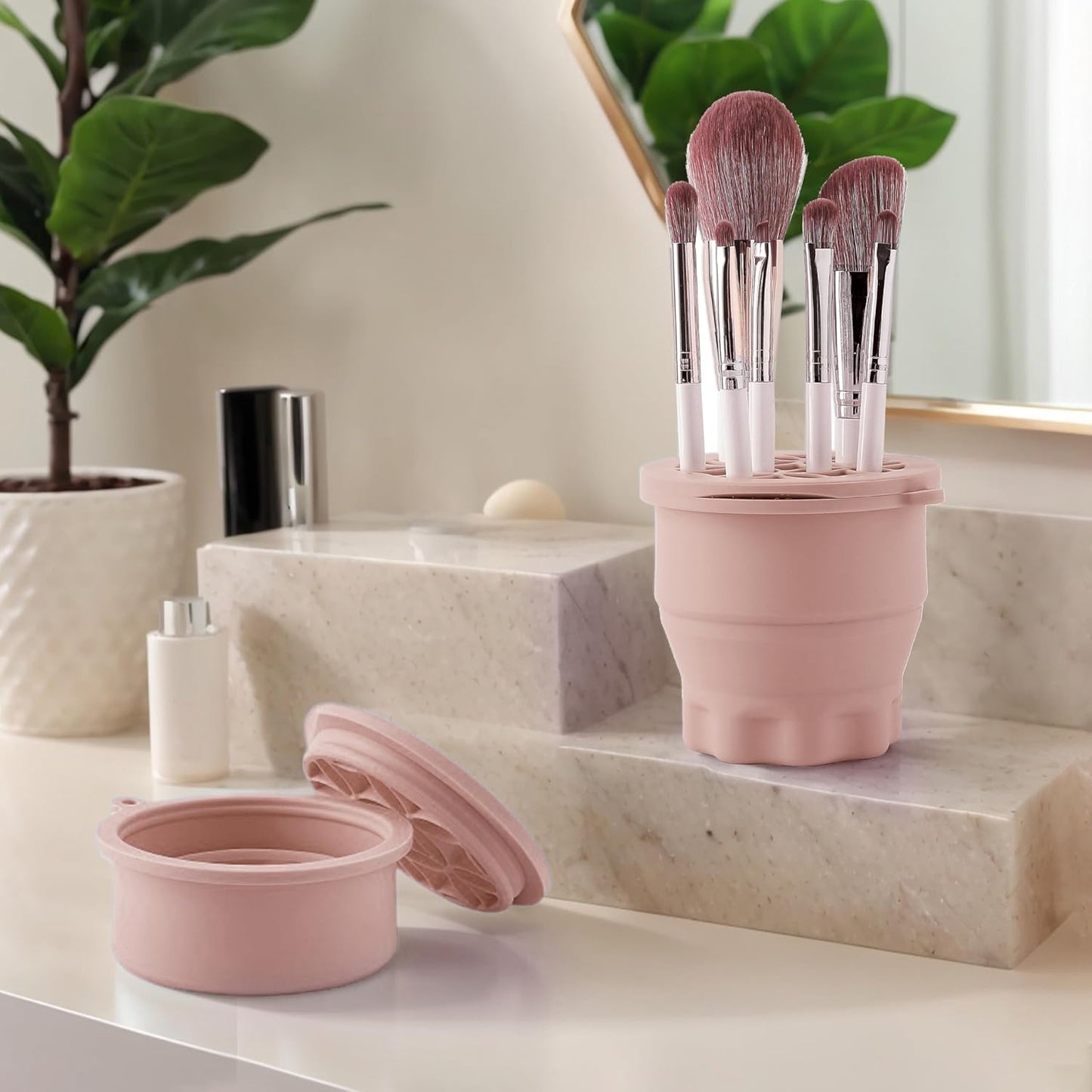 Makeup Brush Cleaner - Foldable Silicone Makeup Brush Cleaner Mat with Brush Storage Holder Makeup Brush Cleaning Bowl Cosmetic Brush Washing Tool for Cleaning Organizer and Drying (Nude Pink)-Velvo Beauty