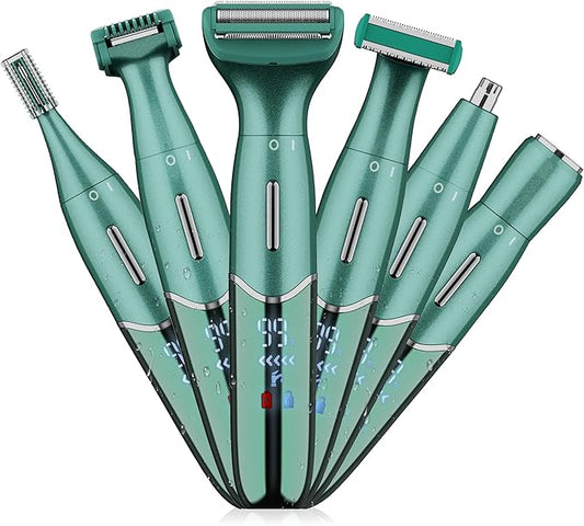 Karrte 6-in-1 Electric Razor for Women's Pubic Hair, Painless Body Shaver and Facial Epilator, Hair Removal for Face, Bikini Trimmer for Women's Private Area Green-Velvo Beauty