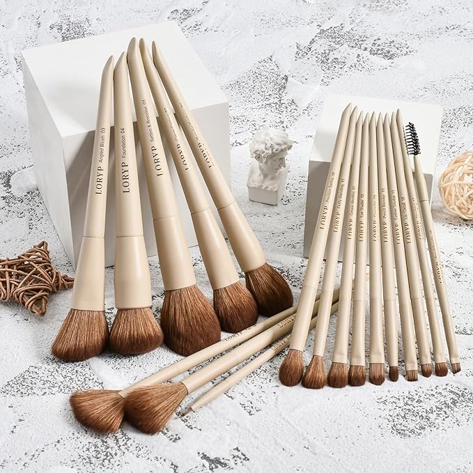 LORYP Makeup Brushes Set Labeled 18 Piece Face and Eye Brush Set Ultra soft hair Foundation, Concealer, Blush, Contour, Blending, Eyeshadow Khaki Brush kit-Velvo Beauty