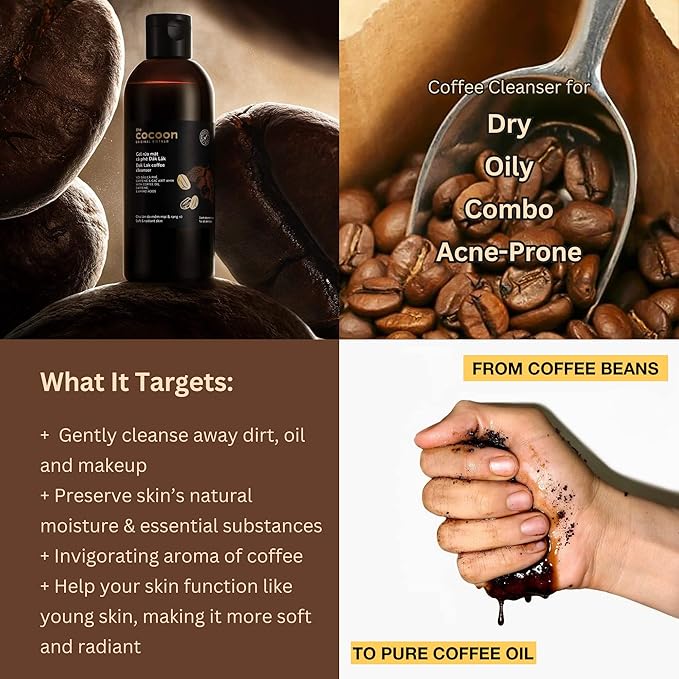 Cocoon Dak Lak Coffee Cleanser, Vegan Facial Cleanser Low PH, Daily Face Wash for All Skin Types, Gentle Makeup Remover, With Antioxidants for Glowing Skin & Less Visible Pores-Velvo Beauty