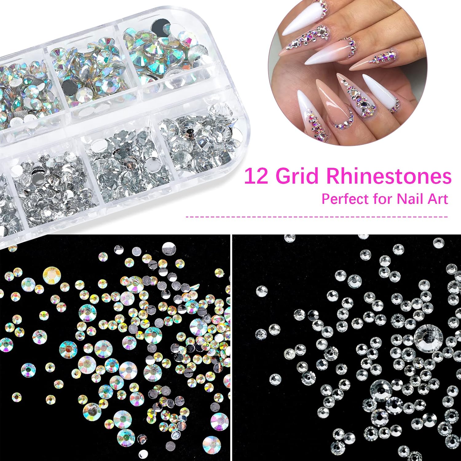 Canvalite Rhinestones 2784PCS in 6 Sizes Flat Back Gems, Crystal AB Art Gems with 5Pcs B7000 Glue, Pick Up Tweezers and Picker Dotting Pen for Nails, Makeup, Stocking Stuffers Gifts for Women-Velvo Beauty