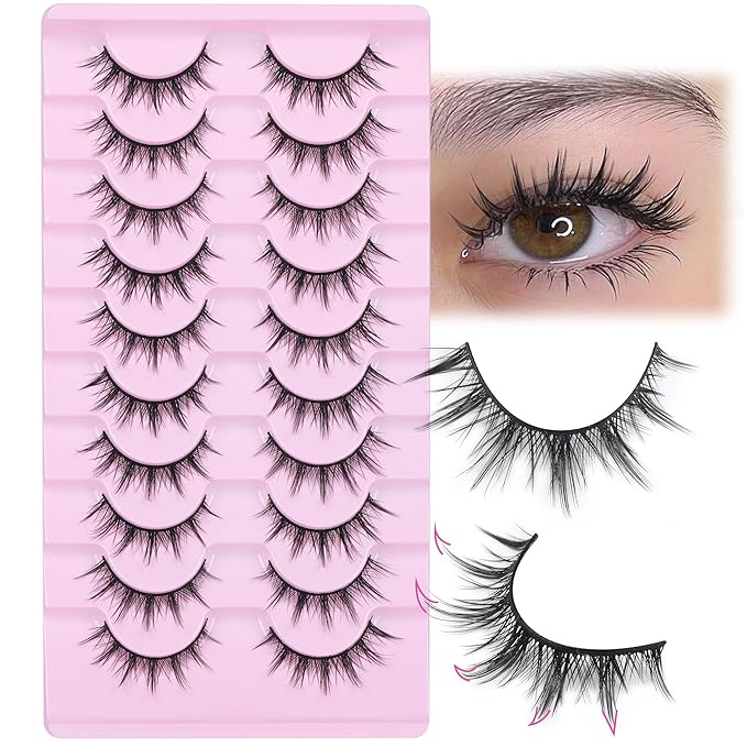 FANXITON Manga Lashes Wispy Natural Look Faux Eyelashes 10 Pairs Asian 3D False Eyelashes 14 mm Cat Eye Lashes Pack-Velvo Beauty