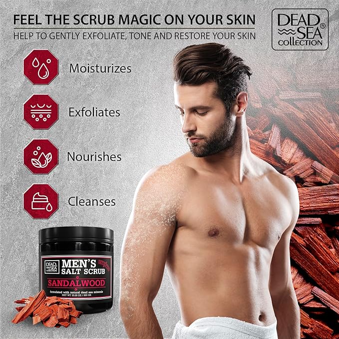 Salt Body Scrub Sandalwood For Men – Moisturizes, Exfoliates & Nourishes Skin – Cleanses & Detoxifies with Dead Sea Minerals - Dead Sea Collection – 23.28 OZ-Velvo Beauty
