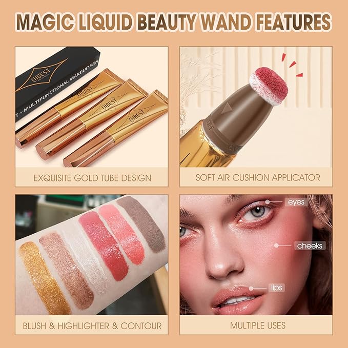 Liquid Highlighter Beauty Wand, Cream Liquid Highlighter Stick with Cushion Applicator, Lightweight Blendable, Long Lasting Silky Cream Highlighter Stick | 5# Highlight Rose Gold-Velvo Beauty