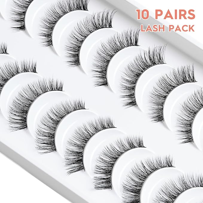 Lashes Wispy False Eyelashes Cat Eye Lashes Natural Look 3D Volume Fake Eyelashes Thin Band Lashes 12mm Natural Eye Lashes C Curl Siligli Lashes Pack 10 Pair-Velvo Beauty