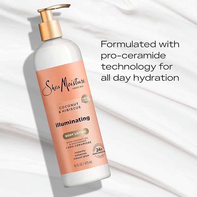 SheaMoisture Illuminating Body Lotion with Coconut Oil, Hibiscus, Niacinamide and Pro-Ceramides, Instantly Enhancing Skin's Natural Glow, 24H Moisturizing 16 oz-Velvo Beauty