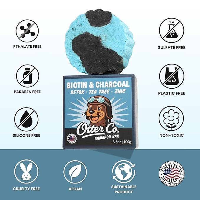 Otter co. Biotin Detox Shampoo Bar – Charcoal & Tea Tree Oil, Rosemary, Turmeric, Green Tea, Zinc – Vegan, Sulfate Free & Non Toxic – Women and Mens Shampoo, All Hair Types, Made in USA-Velvo Beauty