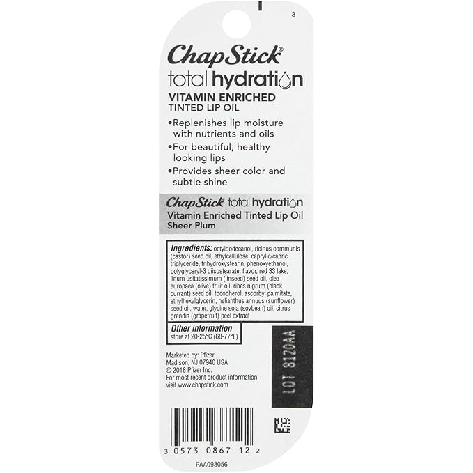 ChapStick Total Hydration Vitamin Enriched Sheer Plum Tinted Lip Oil Tube, Lip Care - 0.24 Oz-Velvo Beauty