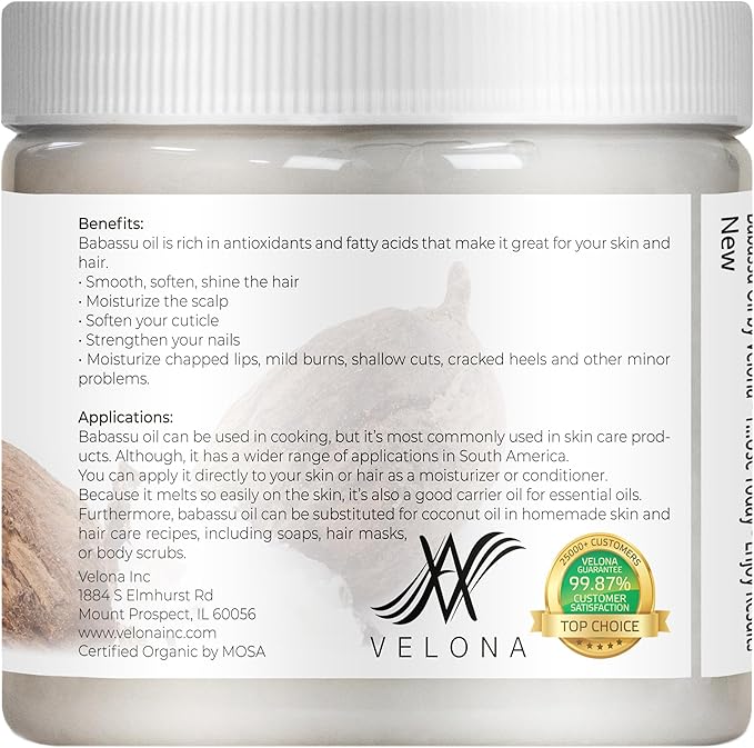 velona Babassu Oil USDA Certified Organic - 16 Fl Oz | 100% Pure and Natural Carrier Oil | Refined, Cold Pressed | Face, Hair, Body & Skin Care and Cooking | Use Today - Enjoy Results-Velvo Beauty
