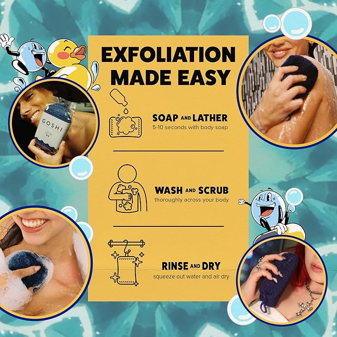 GOSHI Exfoliating Shower Sponge - Rip-Resistant, Rapid-Drying Exfoliating Bath Sponge for All Skin Types - Indigo Blue - Made in Japan-Velvo Beauty